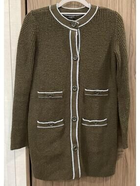 Talbots Womens Green Sweater W/ Blue Trim Button Up Cardigan Size S/P